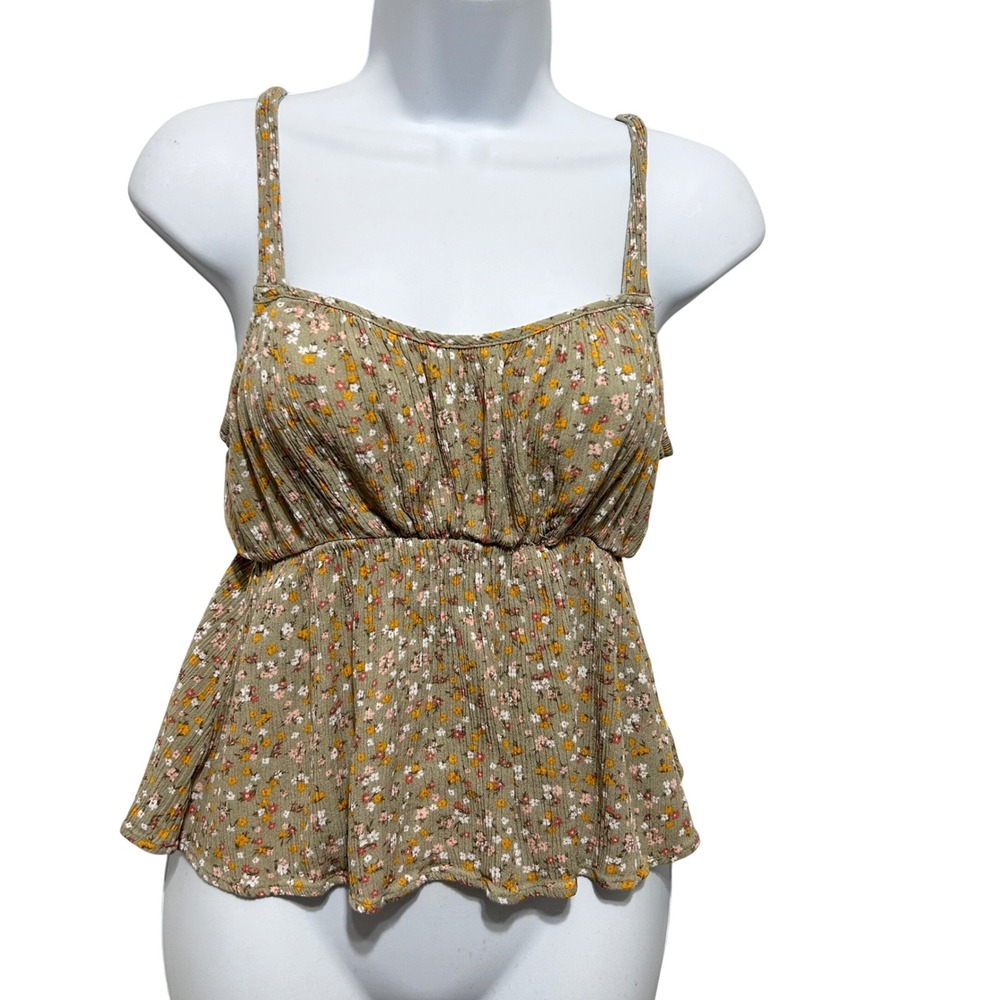 Pink Rose Women Cottage Boho Babydoll Cami Top M Tan Gauzy Ditsy Floral Festival